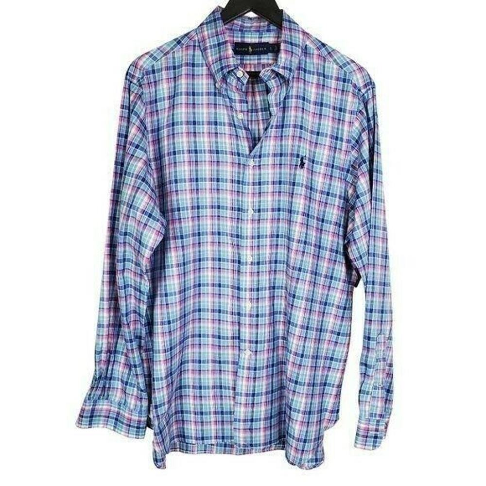 Polo Ralph Lauren Button Down Shirt Large Blue Pink Plaid Cotton Preppy